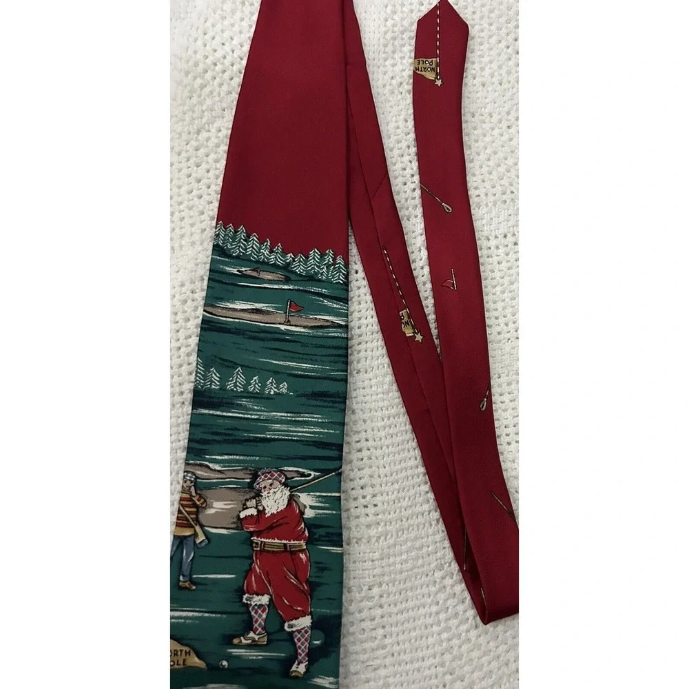 Oscar De La Renta Mens Novelty Neck Tie Christmas‎ Golfing Santa Argyle Check